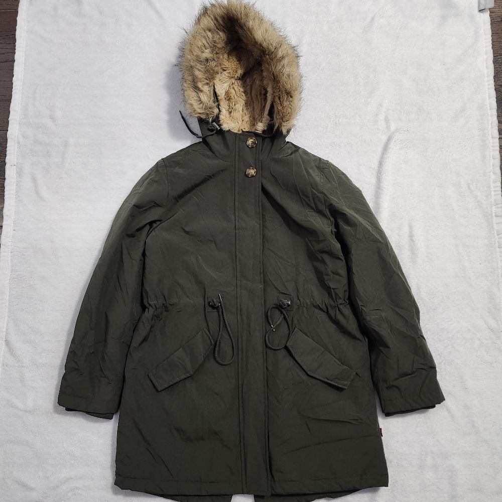 LEVI'S Women’s Dark Olive Green Hooded Parka‎ Jacket Size Medium Faux Fur Hood